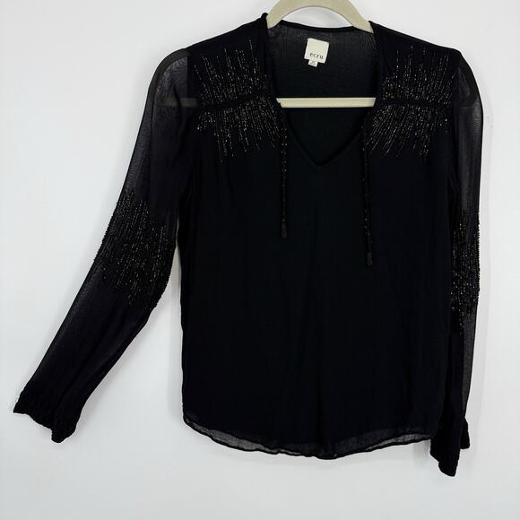 ecru Beaded Chiffon Top Women size XS Black Long sleeve Pullover - Picture 10 of 10
